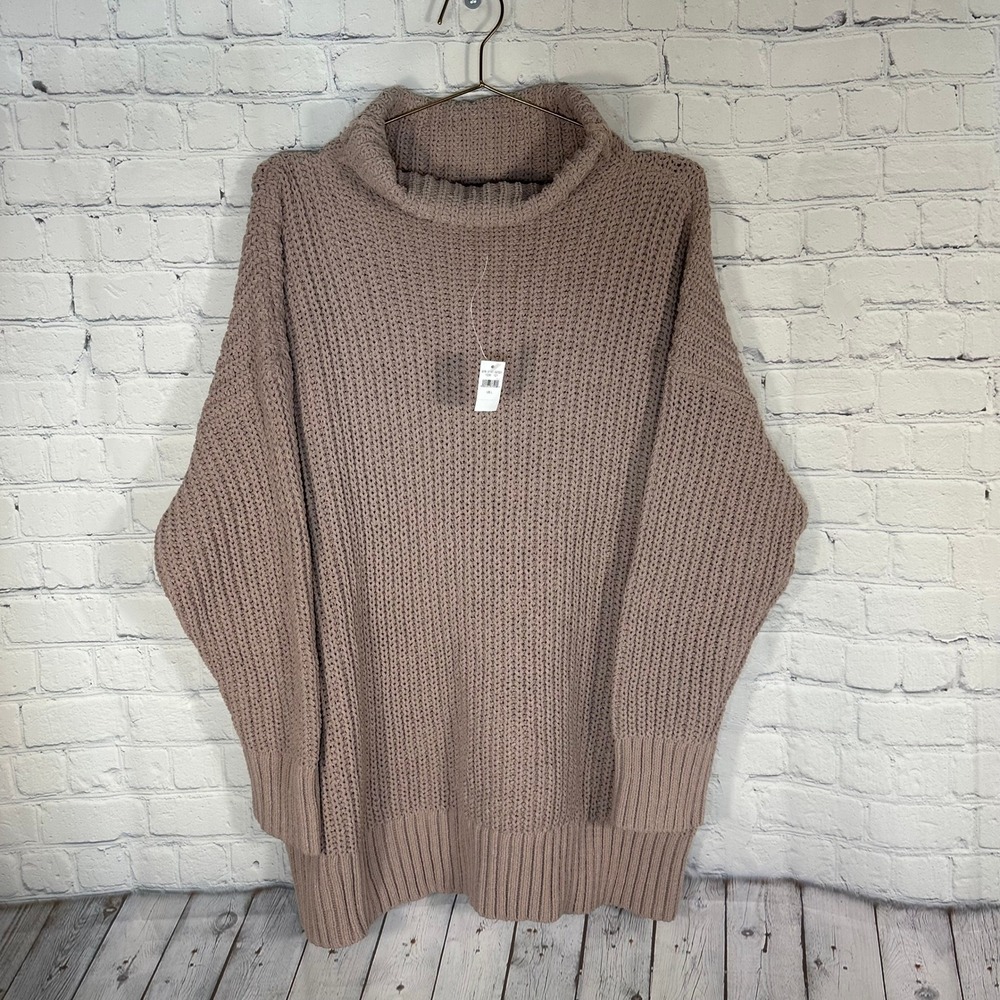 New Aerie Womens Oversized Chenille Turtleneck Sweater Mauve Taupe Large